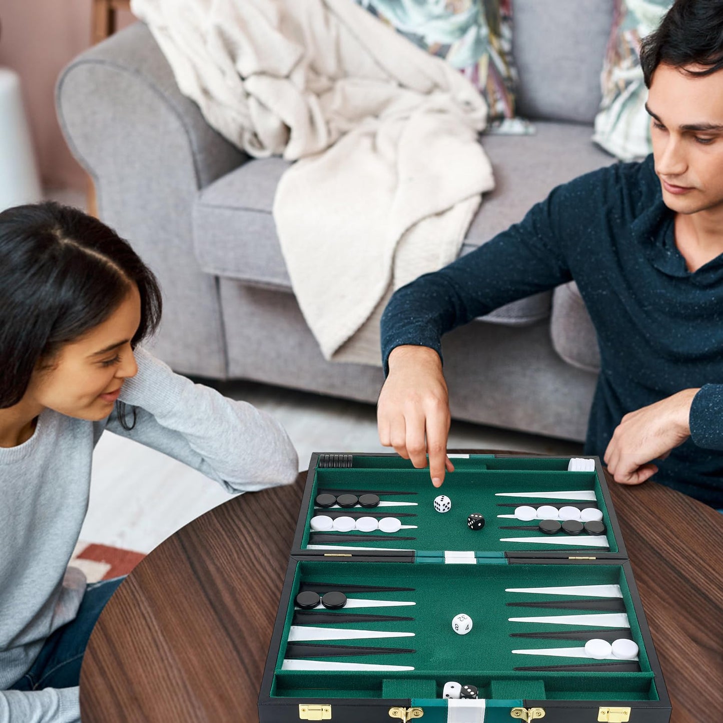 RERIVER Backgammon Set 11-Inch – Portable 2-Player Travel Board Game in Green (Black PU Case)