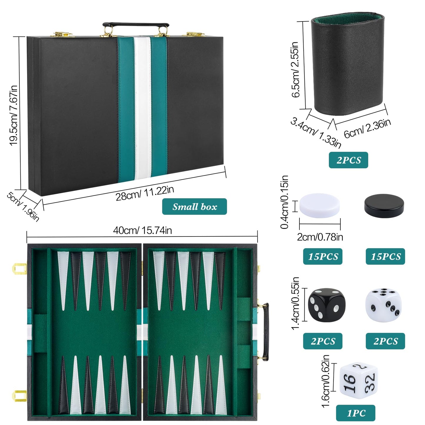 RERIVER Backgammon Set 11-Inch – Portable 2-Player Travel Board Game in Green (Black PU Case)