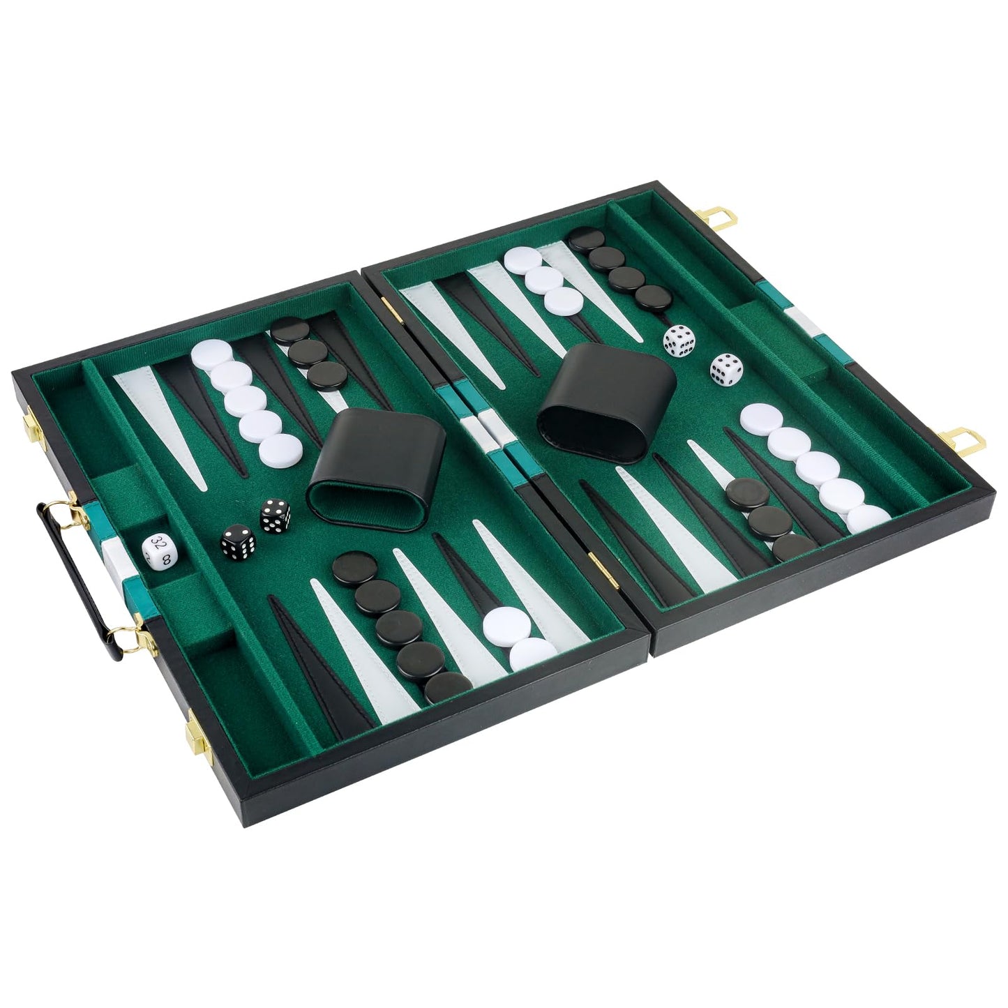 RERIVER Backgammon Set 11-Inch – Portable 2-Player Travel Board Game in Green (Black PU Case)