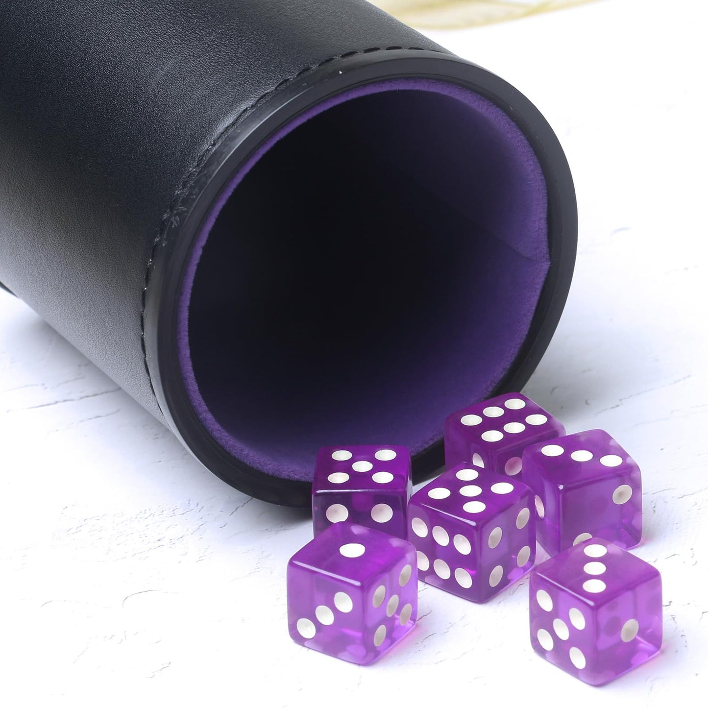 RERIVER PU Leather Dice Cup Set – Purple Velvet Interior + 6 Purple D6 Dice for Liars Dice, Farkle & Yahtzee