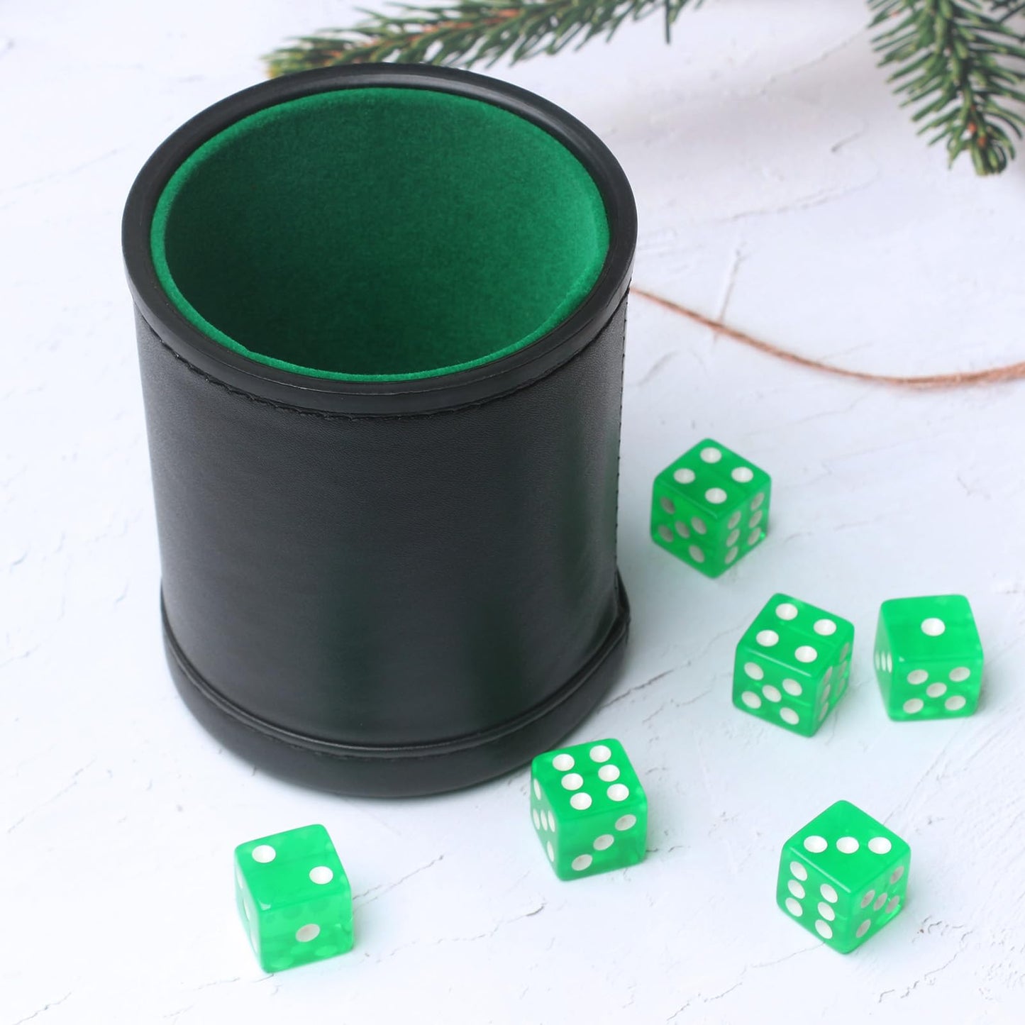 RERIVER Faux Leather Dice Cup Set – Velvet Interior, 6 Green D6 Dice