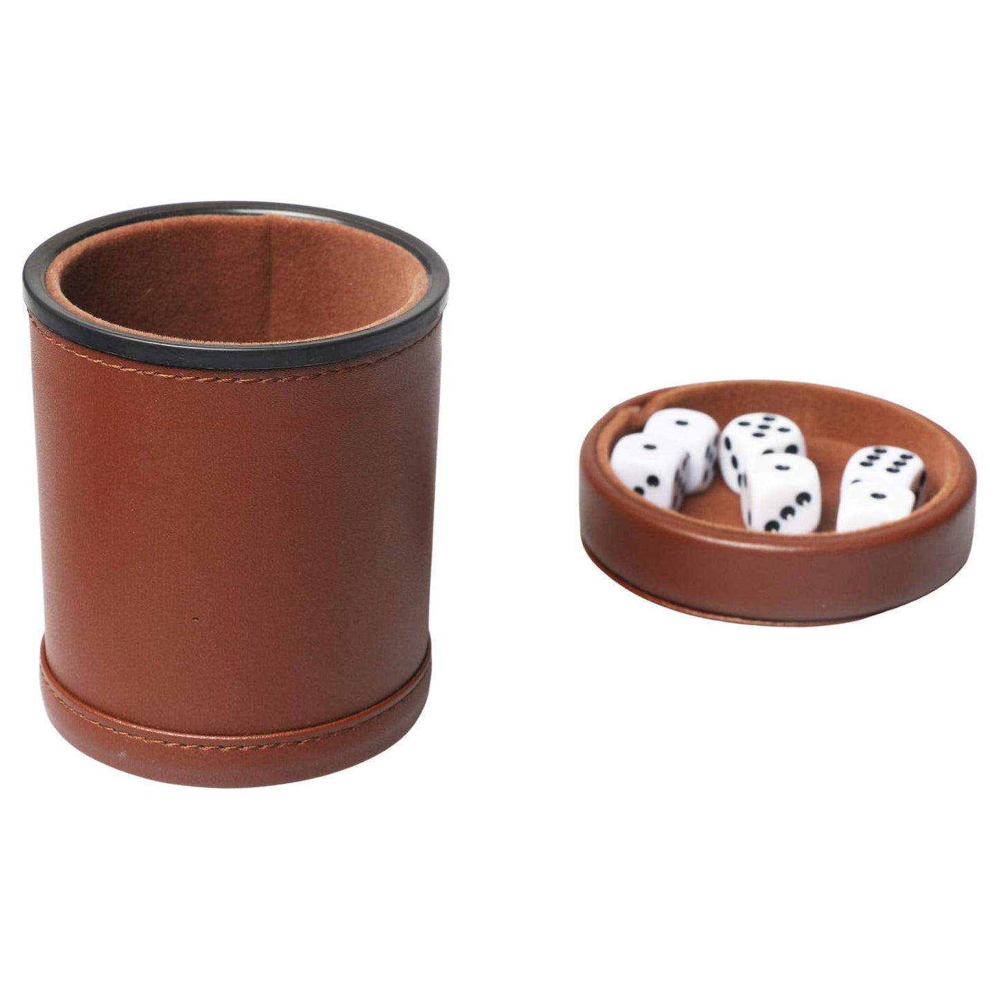 RERIVER PU Leather Dice Cup Set with Lid – Dark Brown Felt-Lined Quiet Shaker, 6 Dice Included