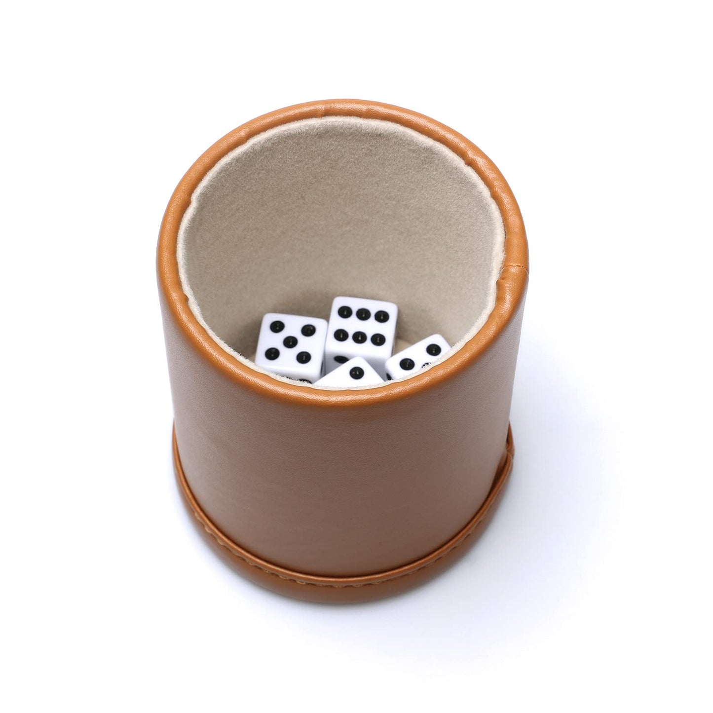 RERIVER Leatherette Dice Cup Set – Camel Exterior, Beige Velvet Interior, 6 Black-Dot D6 Dice (1 Pack)