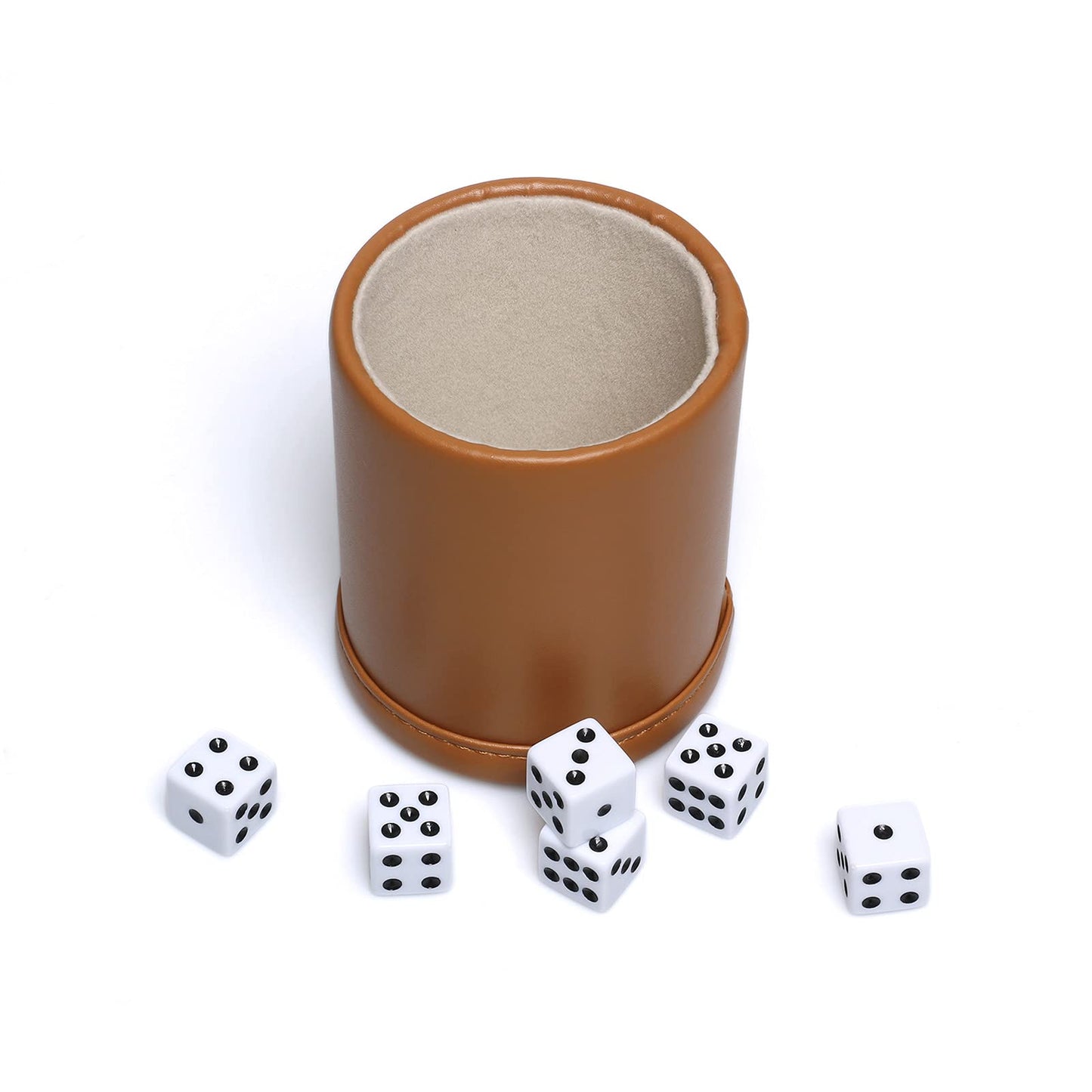 RERIVER Leatherette Dice Cup Set – Camel Exterior, Beige Velvet Interior, 6 Black-Dot D6 Dice (1 Pack)