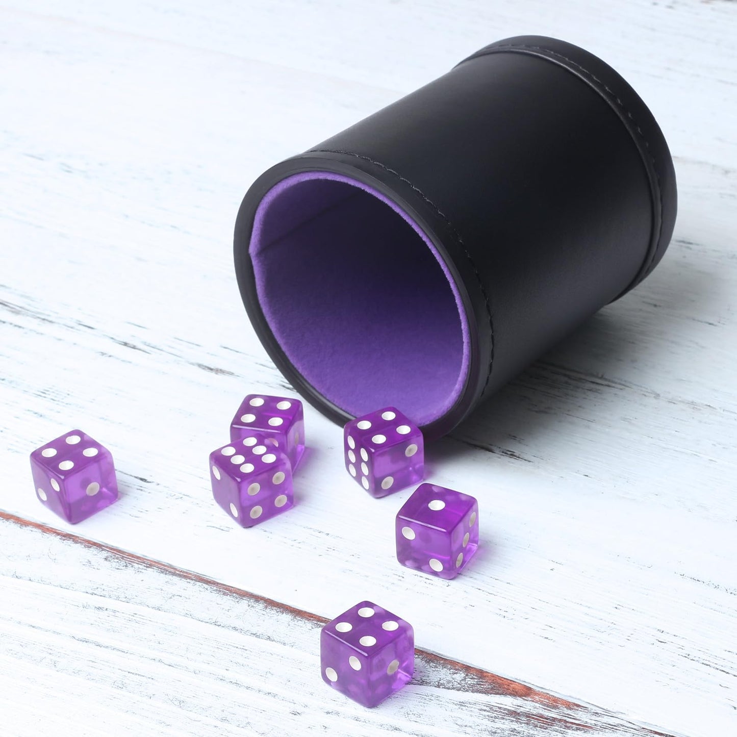RERIVER PU Leather Dice Cup Set – Purple Velvet Interior + 6 Purple D6 Dice for Liars Dice, Farkle & Yahtzee