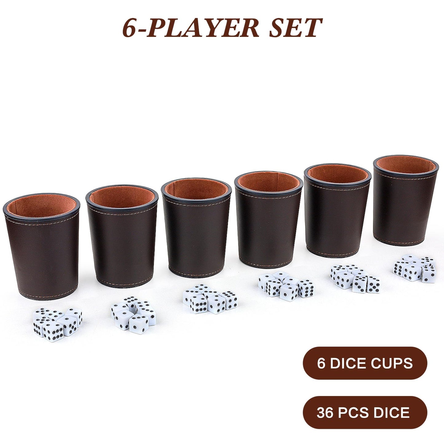 RERIVER Felt-Lined PU Leather Dice Cup Set – 6 Quiet Cups + 36 Dice for Game Nights