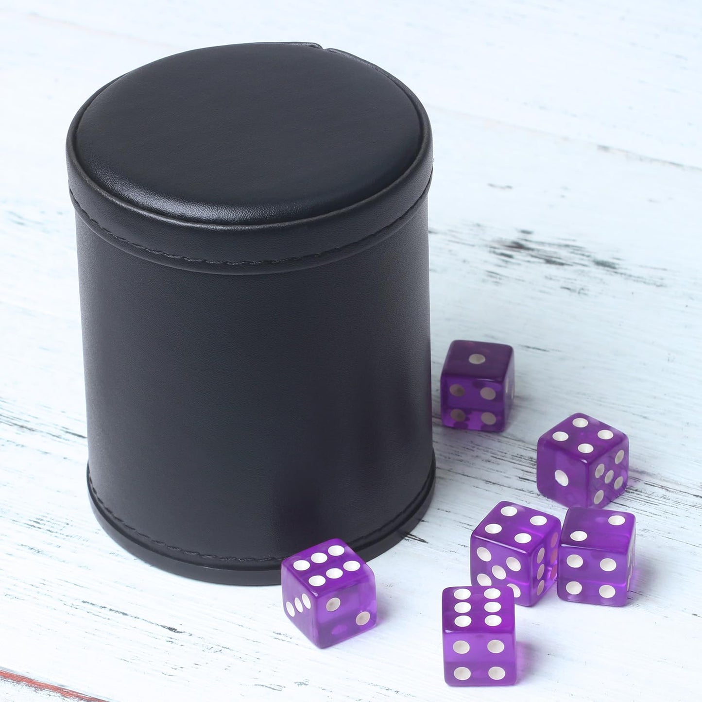 RERIVER PU Leather Dice Cup Set – Purple Velvet Interior + 6 Purple D6 Dice for Liars Dice, Farkle & Yahtzee