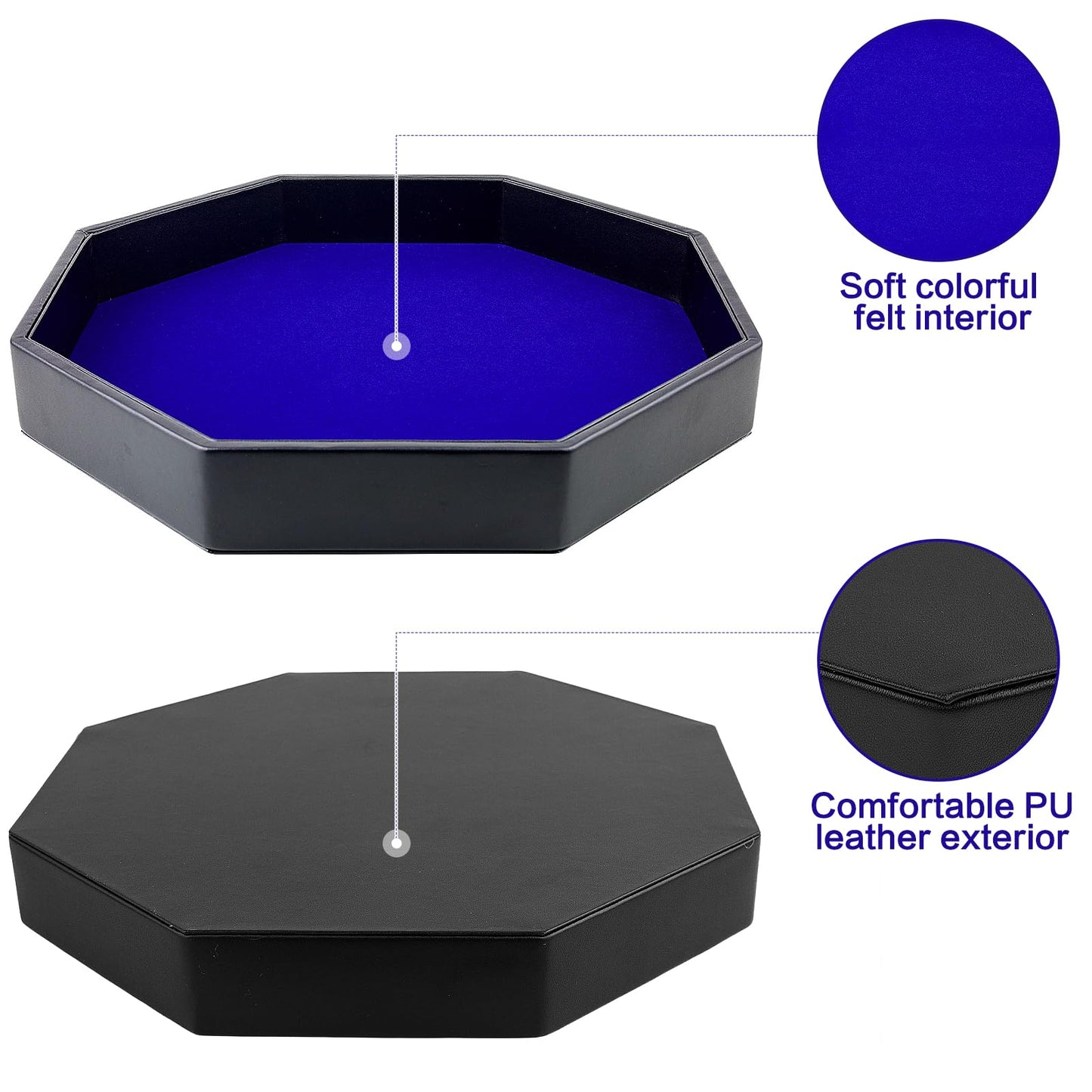 RERIVER Dice Rolling Tray — Blue PU Leather Octagon, Felt Lined for D&D and Tabletop Games