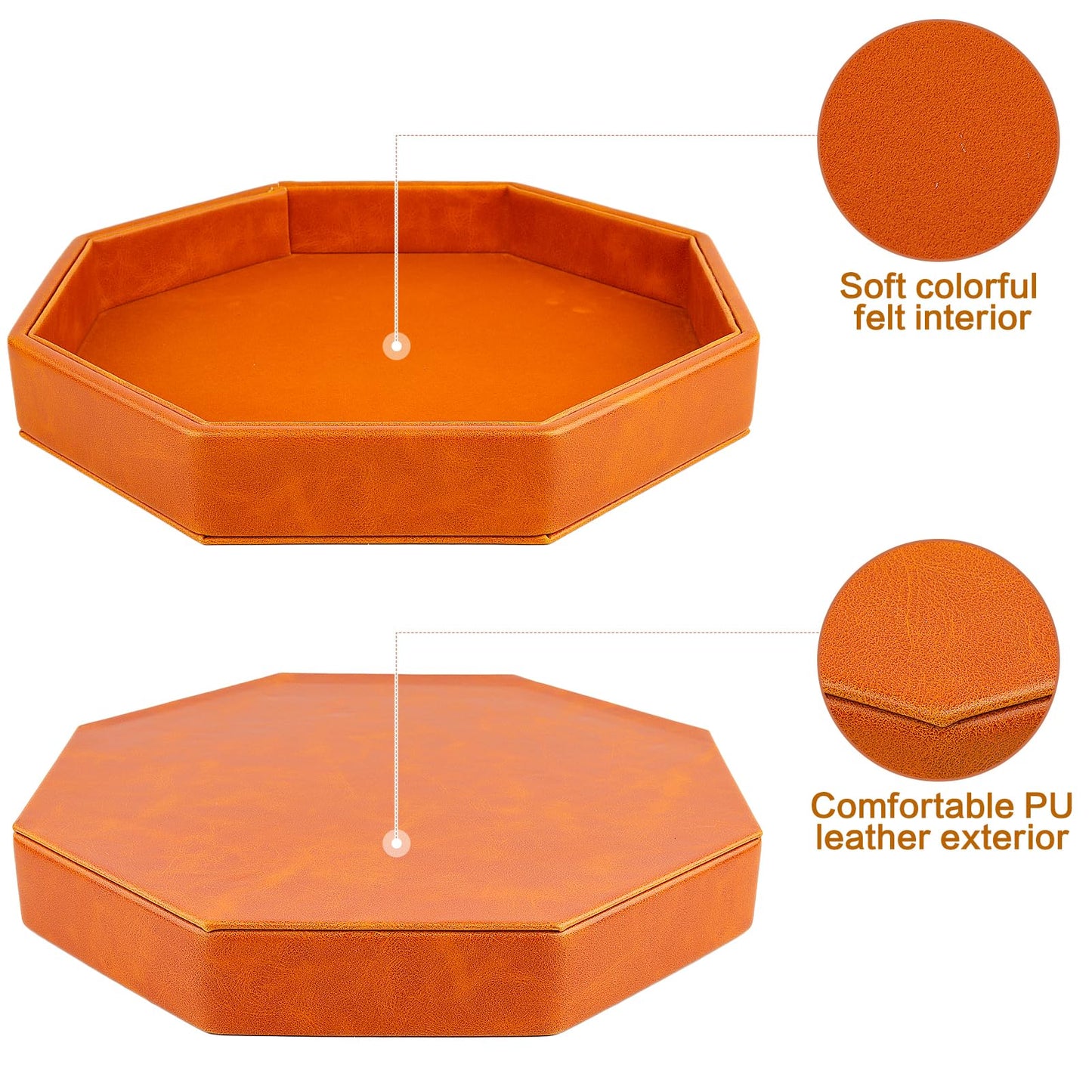 RERIVER Dice Rolling Tray - Felt-Lined PU Leather Octagon, Brown