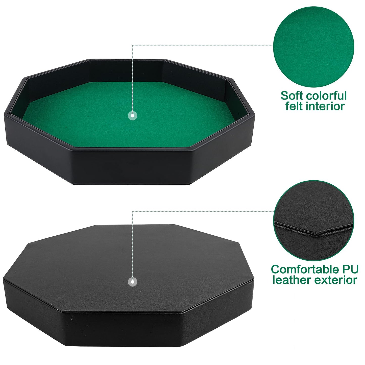 RERIVER Dice Rolling Tray – Green PU Leather Octagon with Felt Lining for RPGs
