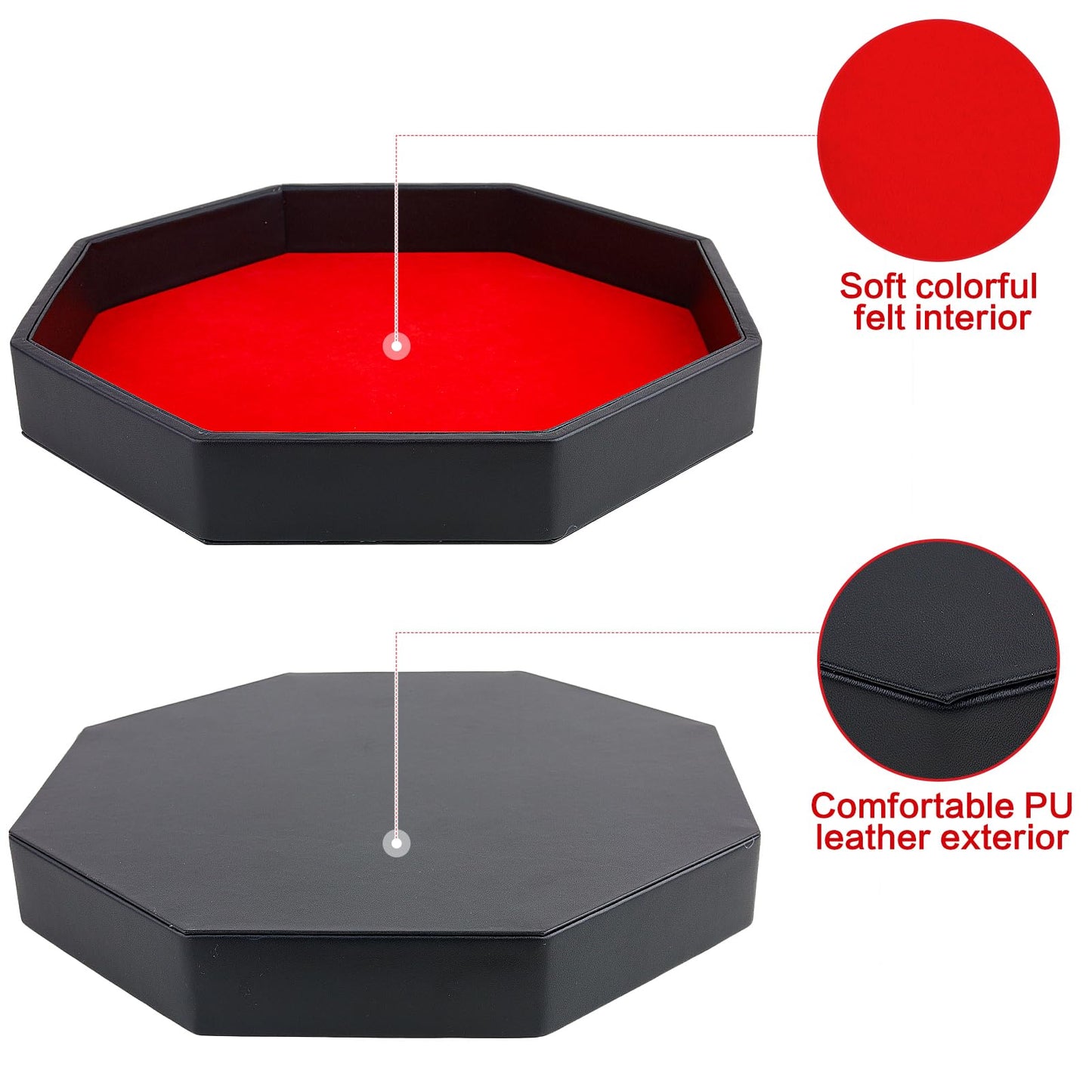 RERIVER Dice Rolling Tray – Red PU Leather, Felt-Lined Octagon for D&D & Board Games