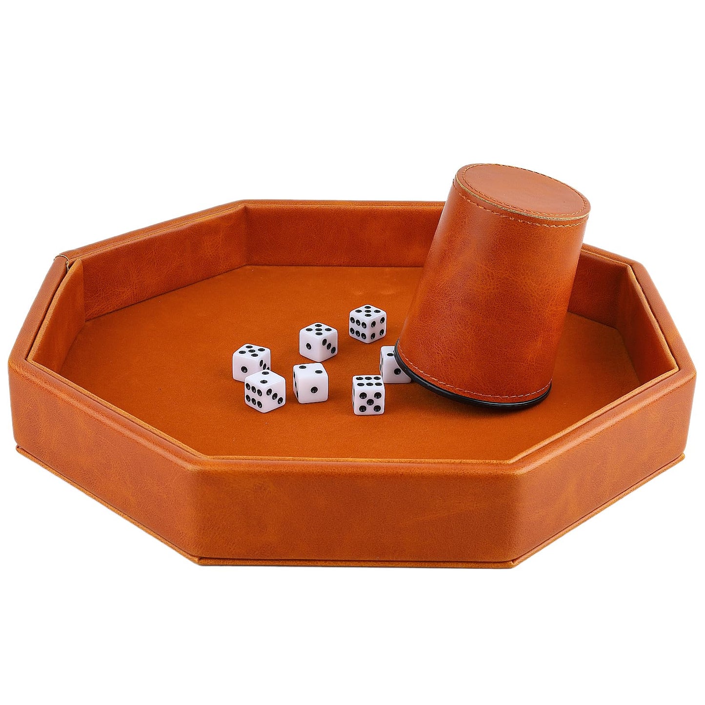 RERIVER Dice Rolling Tray - Felt-Lined PU Leather Octagon, Brown
