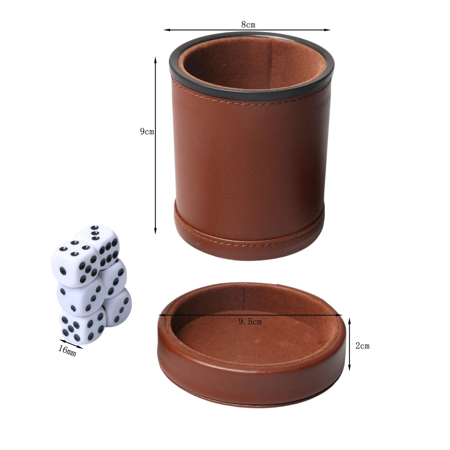 RERIVER PU Leather Dice Cup Set with Lid – Dark Brown Felt-Lined Quiet Shaker, 6 Dice Included