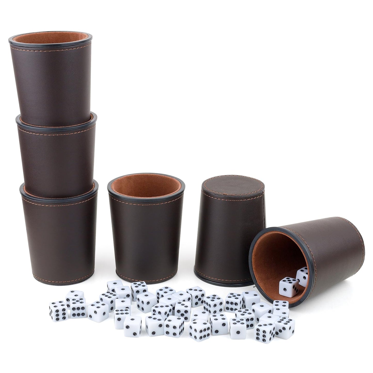 RERIVER Felt-Lined PU Leather Dice Cup Set – 6 Quiet Cups + 36 Dice for Game Nights