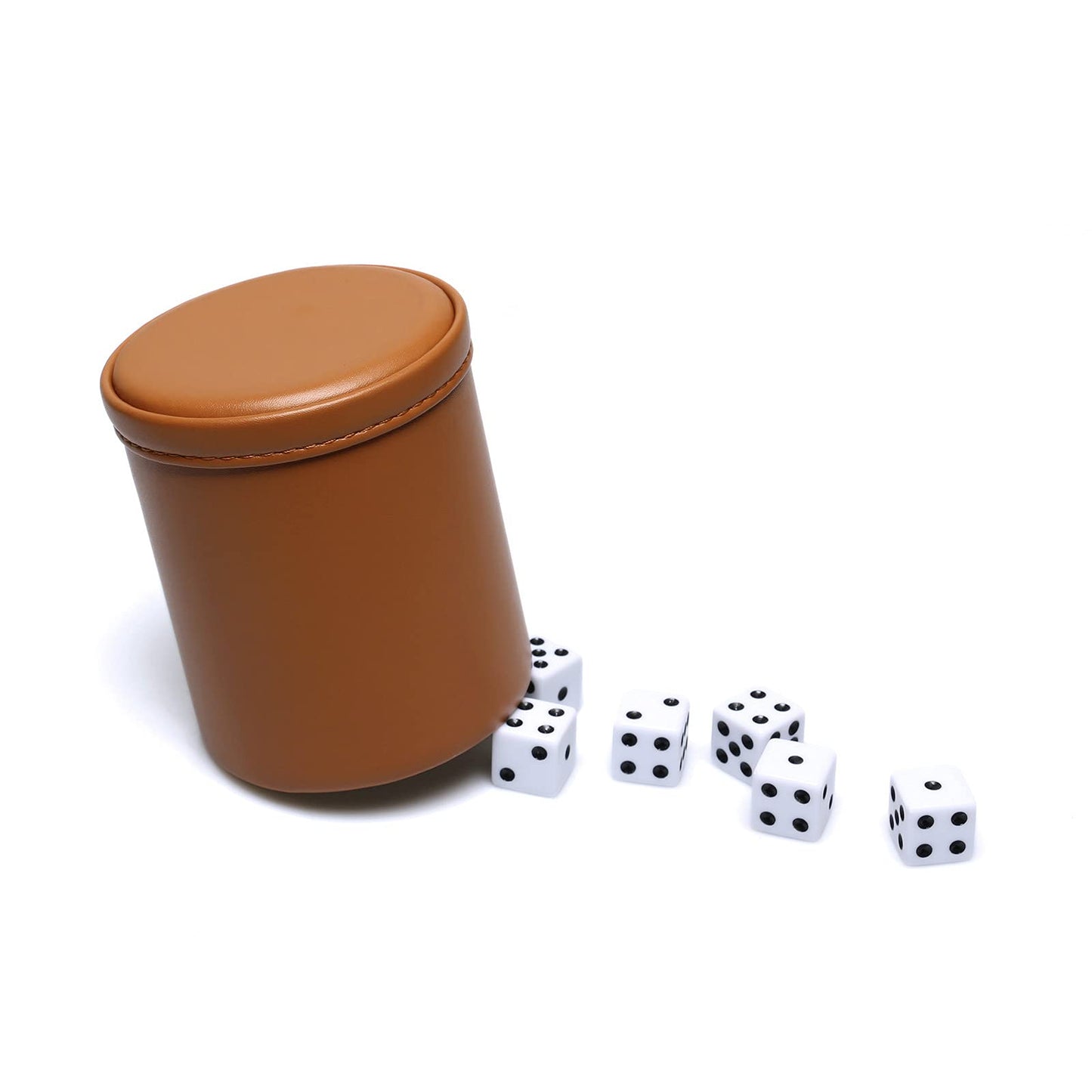 RERIVER Leatherette Dice Cup Set – Camel Exterior, Beige Velvet Interior, 6 Black-Dot D6 Dice (1 Pack)