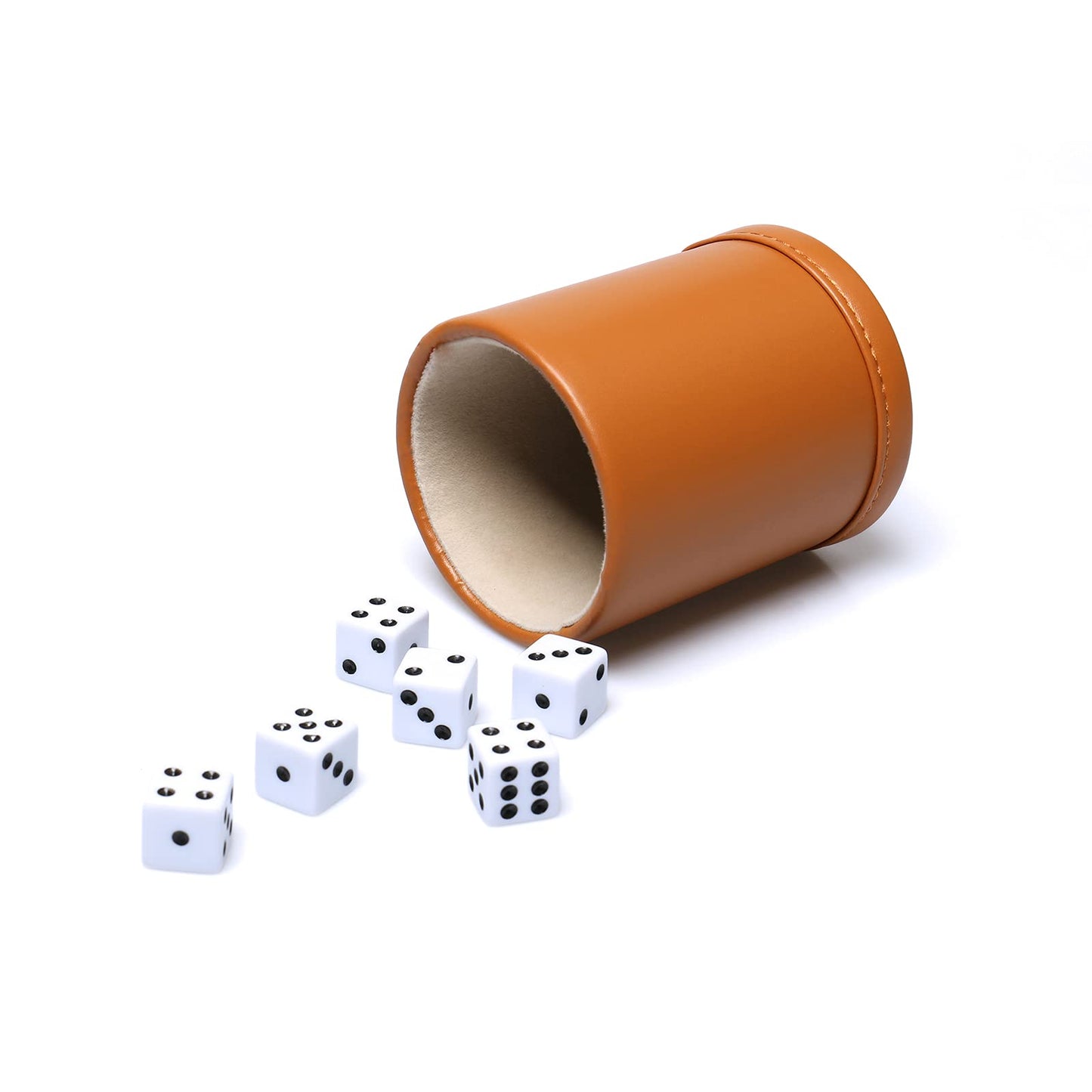 RERIVER Leatherette Dice Cup Set – Camel Exterior, Beige Velvet Interior, 6 Black-Dot D6 Dice (1 Pack)