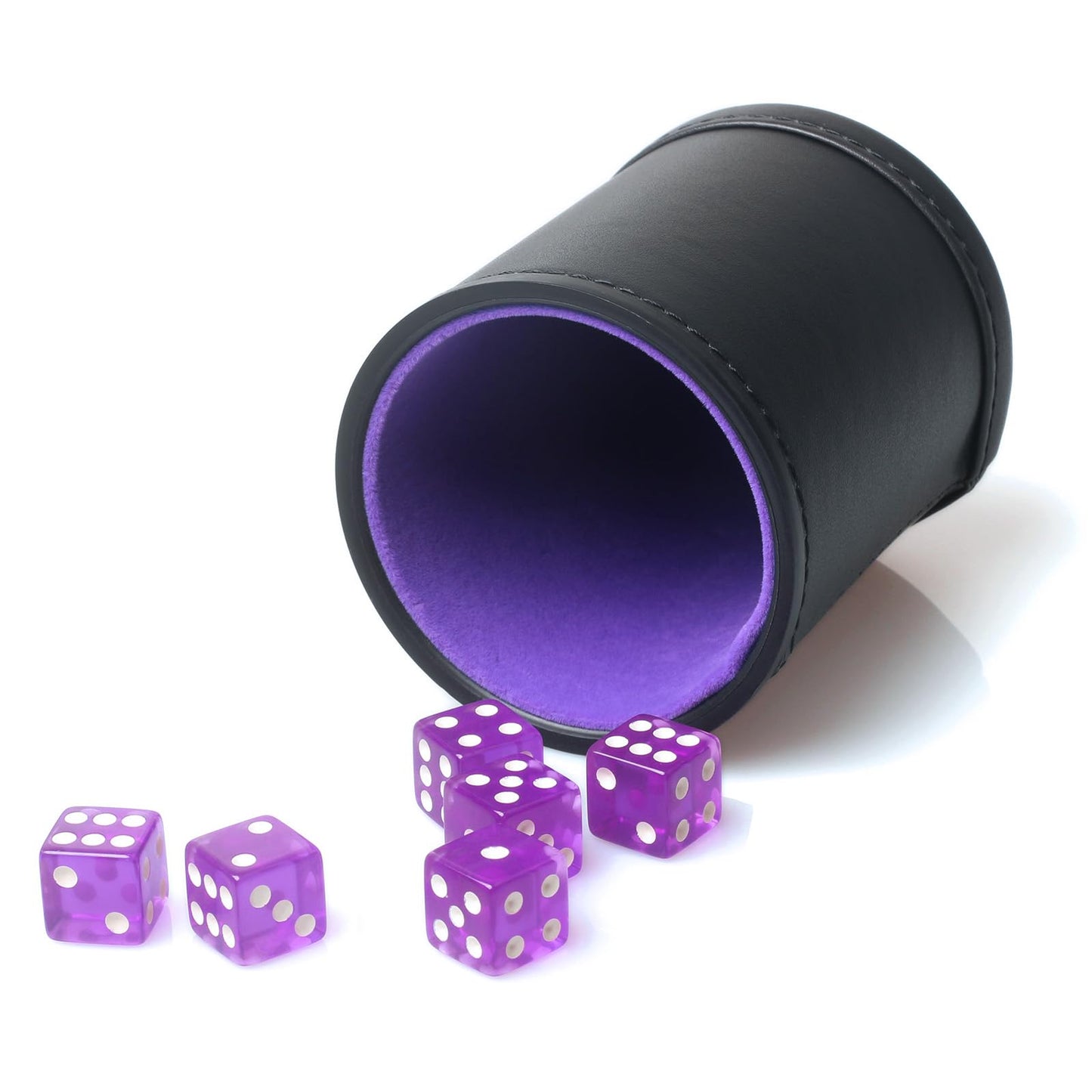 RERIVER PU Leather Dice Cup Set – Purple Velvet Interior + 6 Purple D6 Dice for Liars Dice, Farkle & Yahtzee