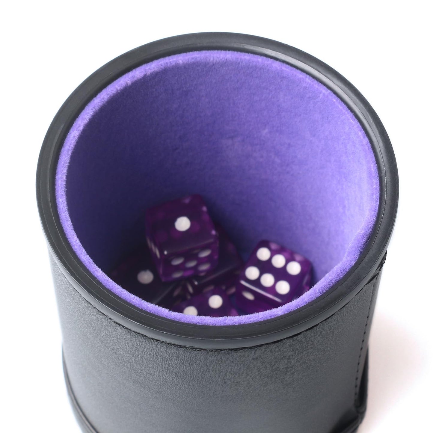RERIVER PU Leather Dice Cup Set – Purple Velvet Interior + 6 Purple D6 Dice for Liars Dice, Farkle & Yahtzee