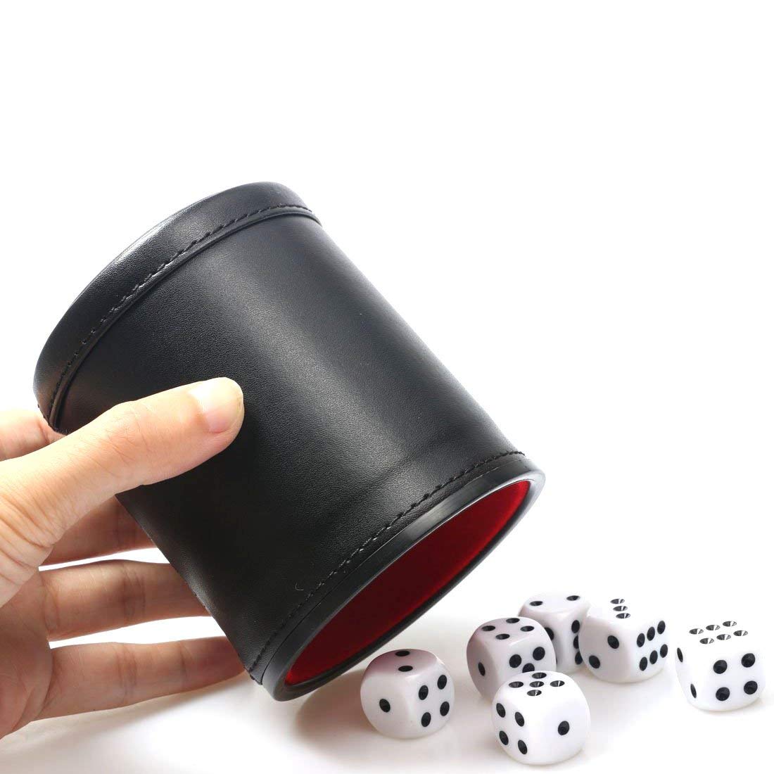 RERIVER Felt Lined PU Leather Dice Cup Set with 6 Dice – Black