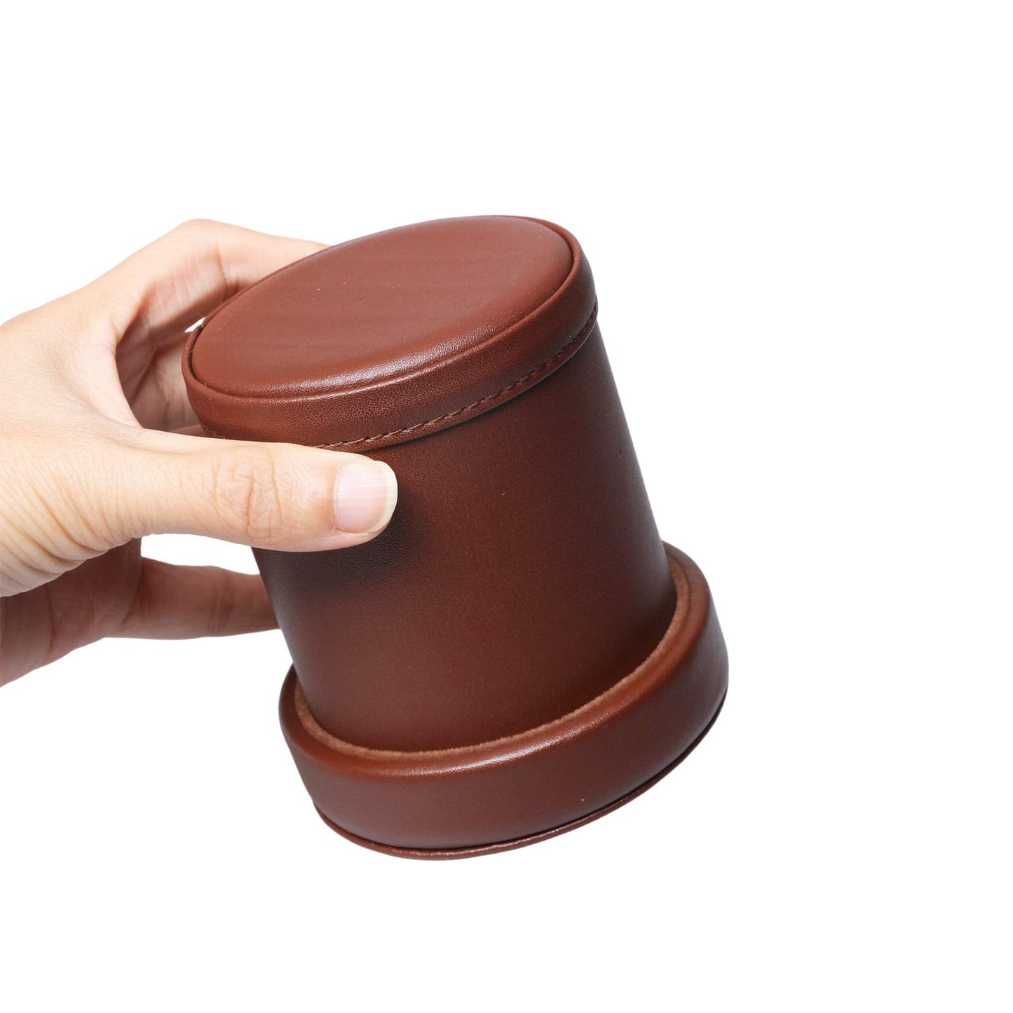 RERIVER PU Leather Dice Cup Set with Lid – Dark Brown Felt-Lined Quiet Shaker, 6 Dice Included