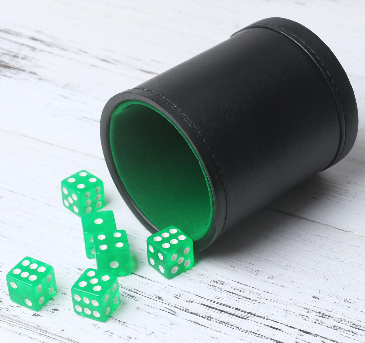 RERIVER Faux Leather Dice Cup Set – Velvet Interior, 6 Green D6 Dice