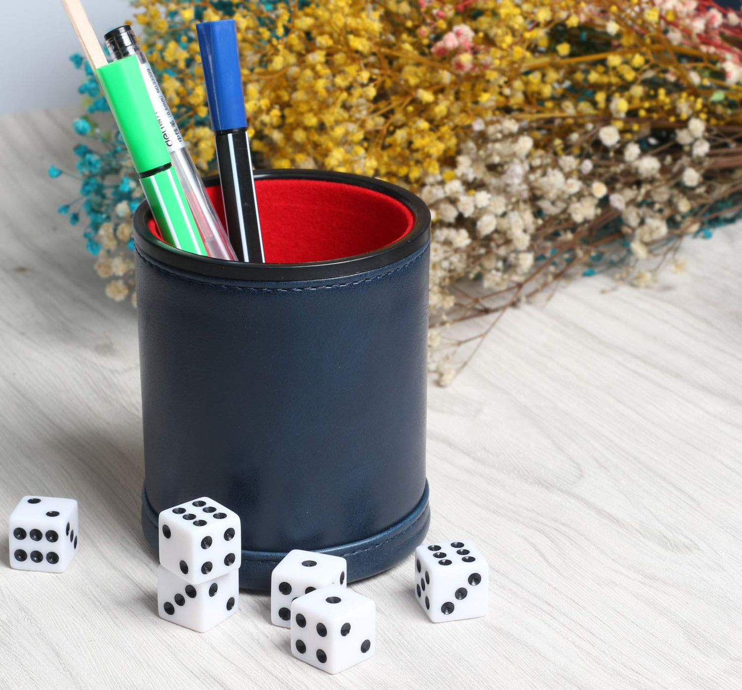RERIVER Navy Leatherette Dice Cup Set – Quiet Felt-Lined, 6 Dice, for Farkle, Yahtzee & Liar's Dice