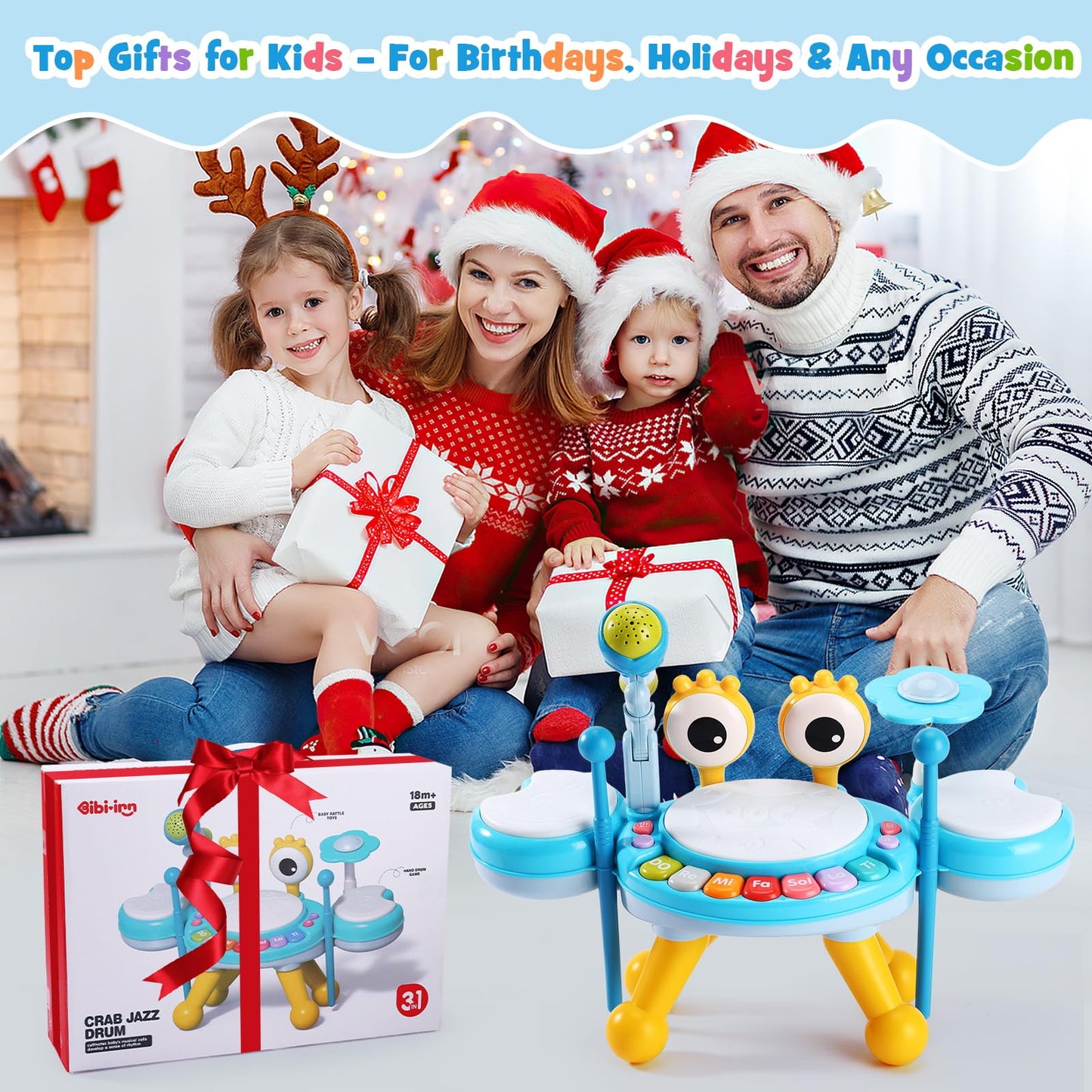 Resosese Toddler Drum Set 1-3 with Light-Up Microphone | 4 Modes, Safe Design
