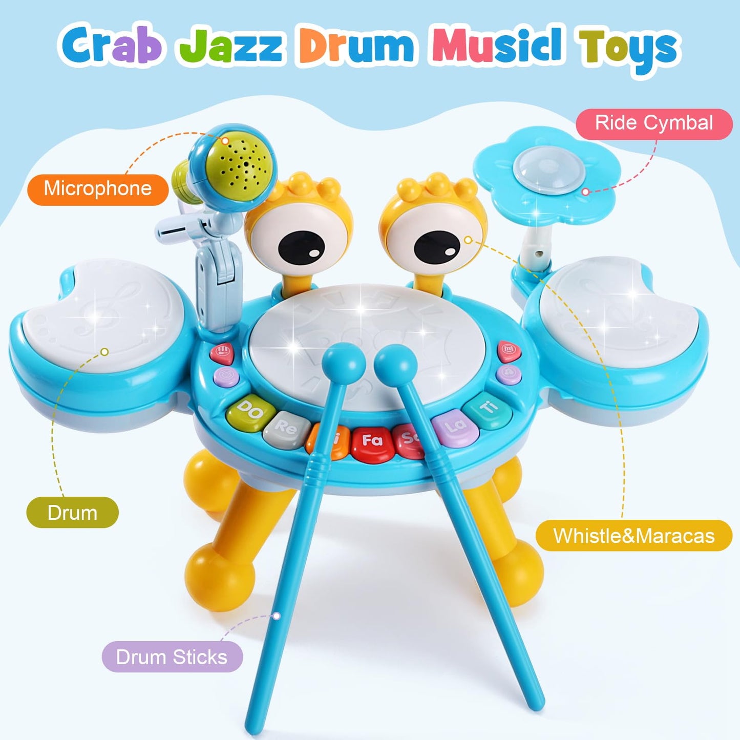 Resosese Toddler Drum Set 1-3 with Light-Up Microphone | 4 Modes, Safe Design
