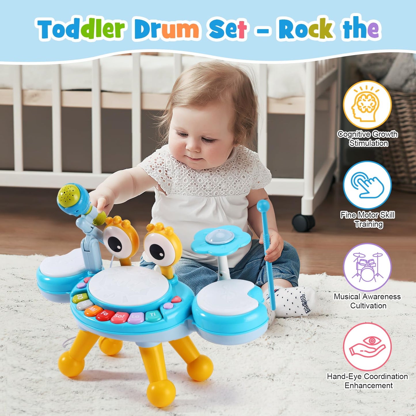 Resosese Toddler Drum Set 1-3 with Light-Up Microphone | 4 Modes, Safe Design