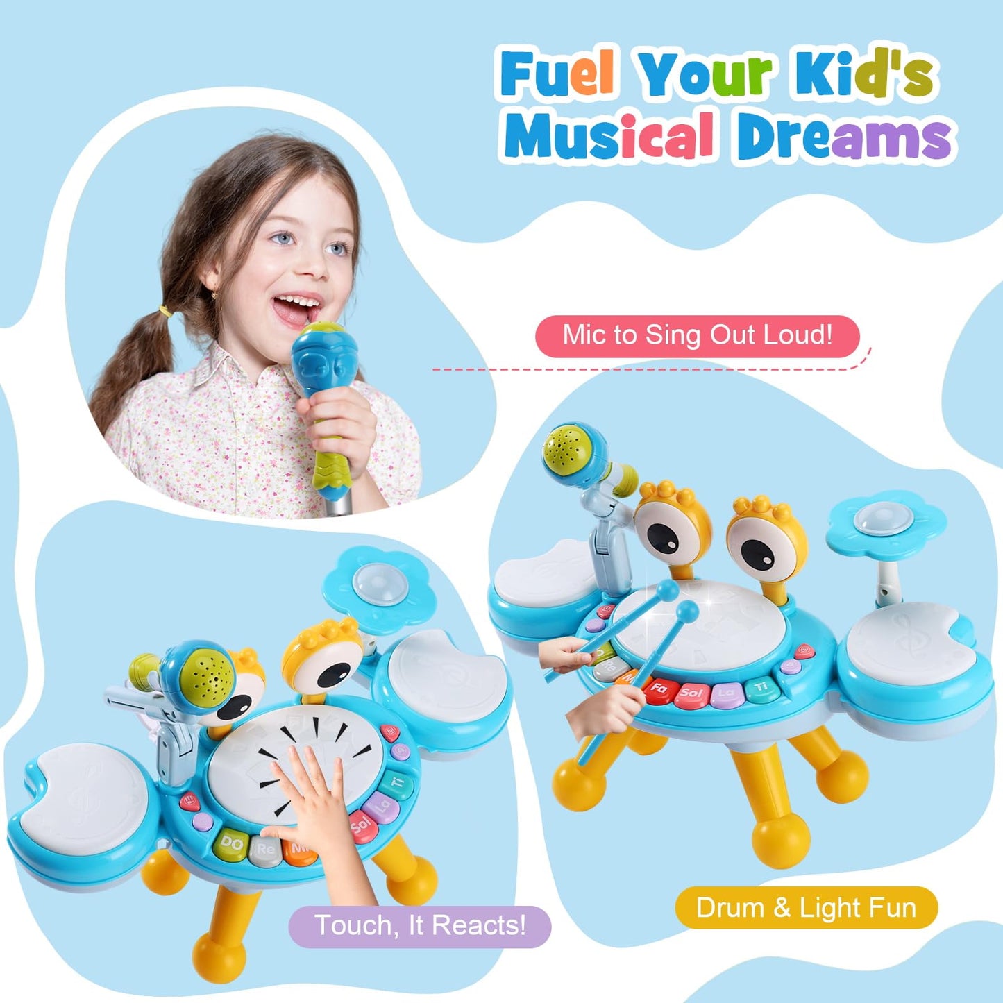 Resosese Toddler Drum Set 1-3 with Light-Up Microphone | 4 Modes, Safe Design