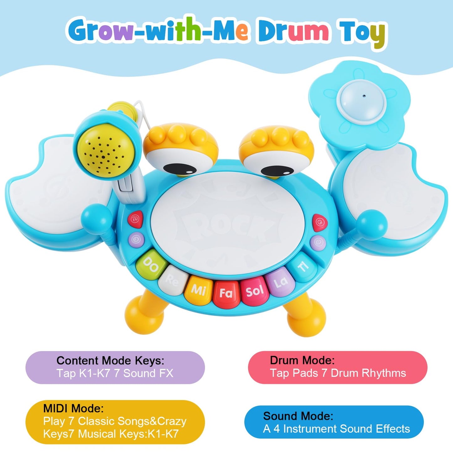 Resosese Toddler Drum Set 1-3 with Light-Up Microphone | 4 Modes, Safe Design