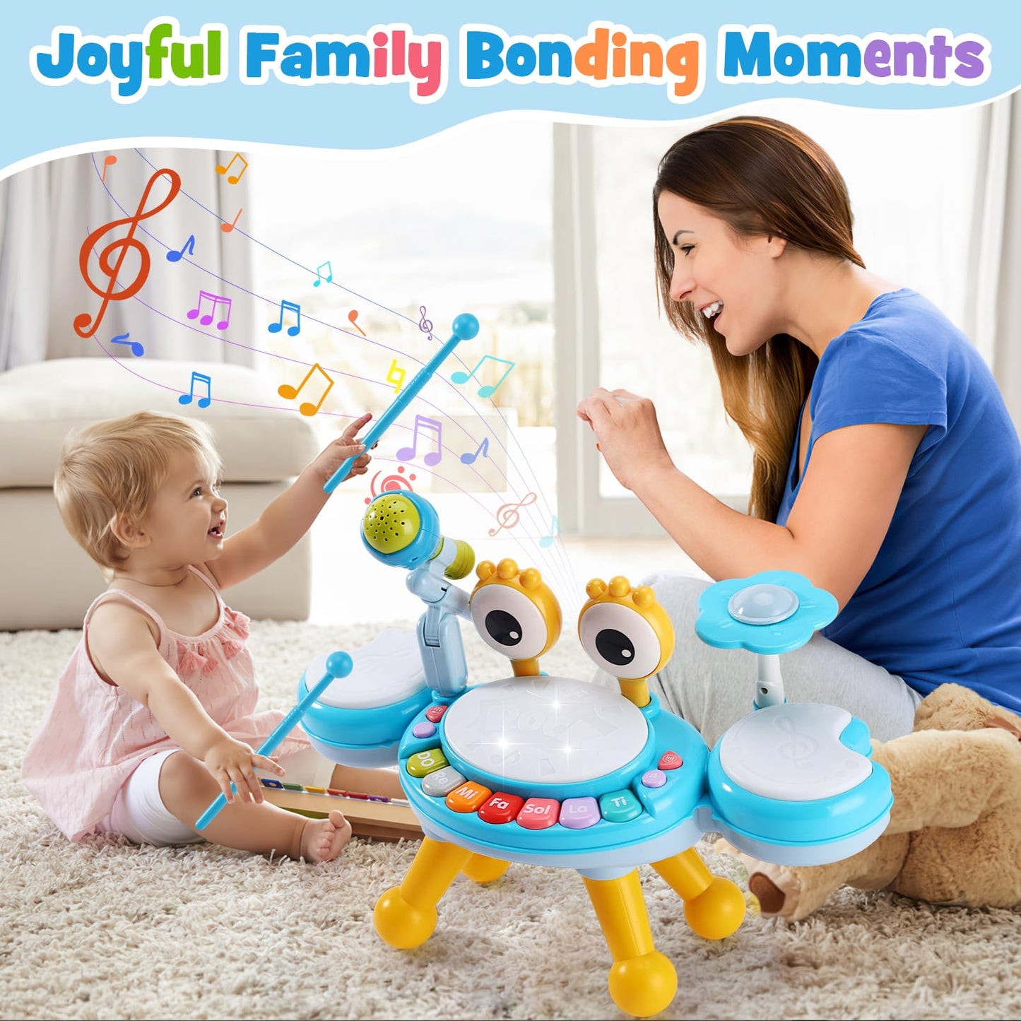 Resosese Toddler Drum Set 1-3 with Light-Up Microphone | 4 Modes, Safe Design