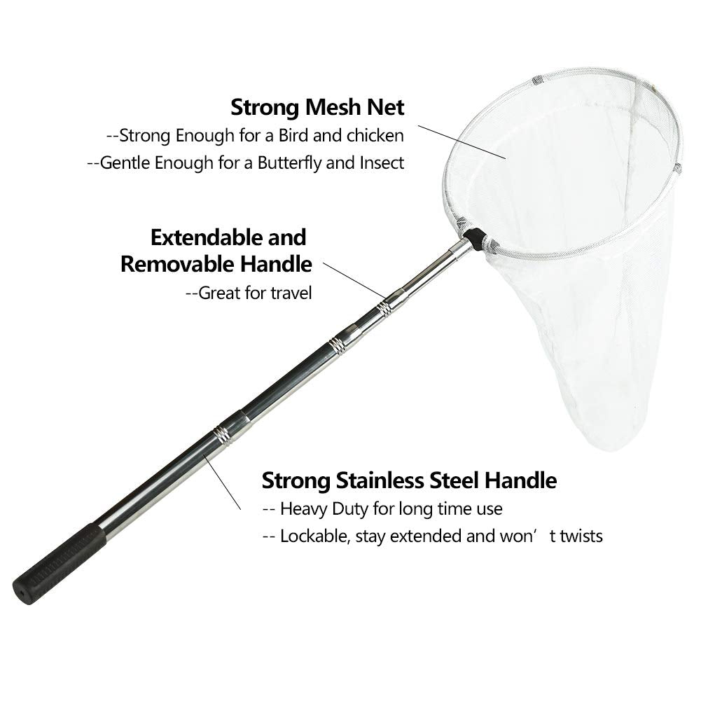 RESTCLOUD Insect & Butterfly Net — 12-Inch Ring, 24-Inch Depth, Telescoping 38-Inch Handle