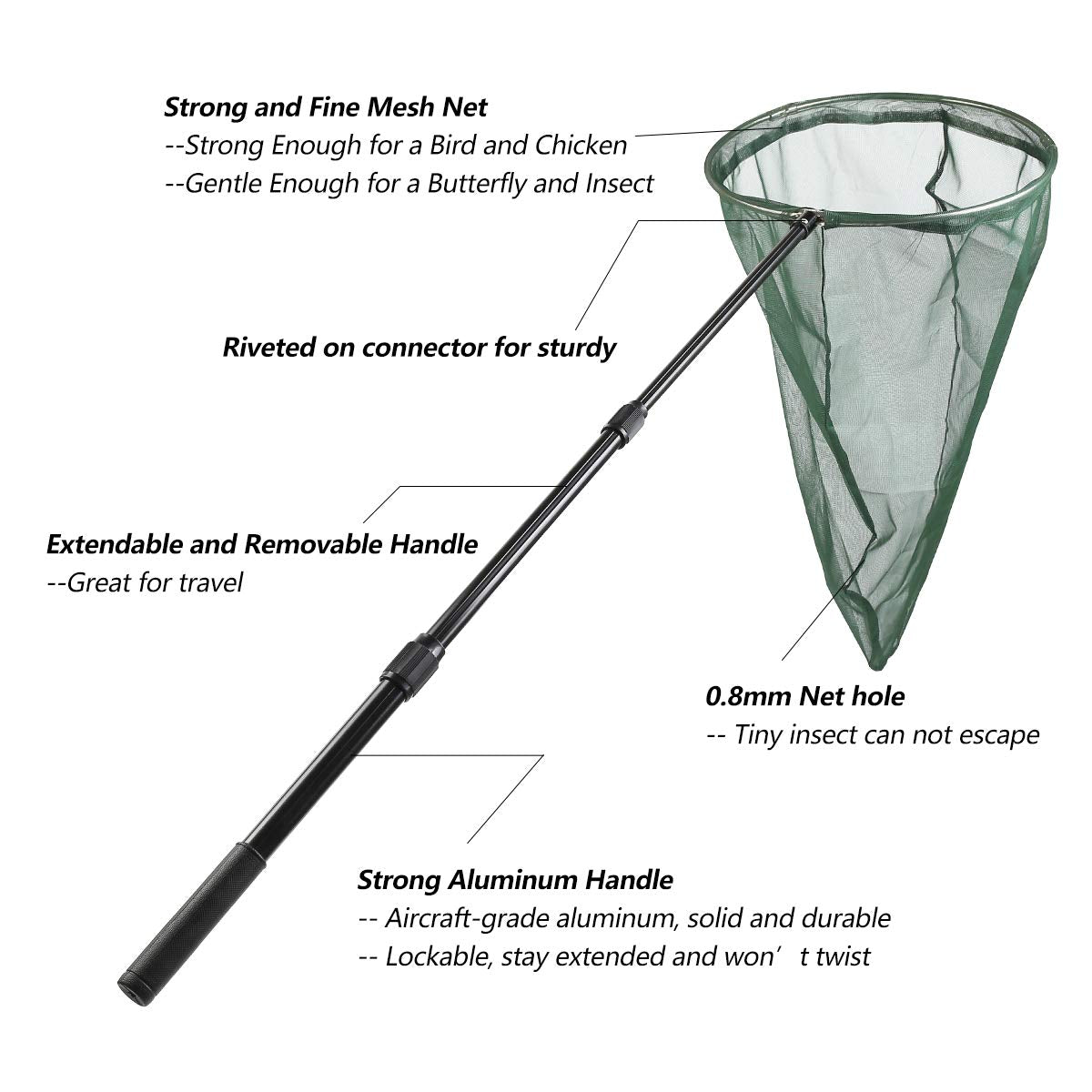 RESTCLOUD Professional Insect and Butterfly Net - 14-inch Stainless Ring, 53-inch Reach, Aluminum Telescoping Handle (Green)