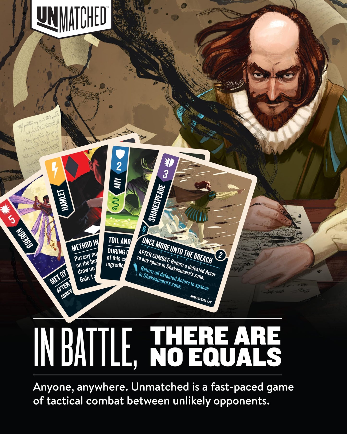 Restoration Games Unmatched Slings and Arrows — Shakespeare Heroes Expansion with Globe Theatre Battlefield | 2–4 Players