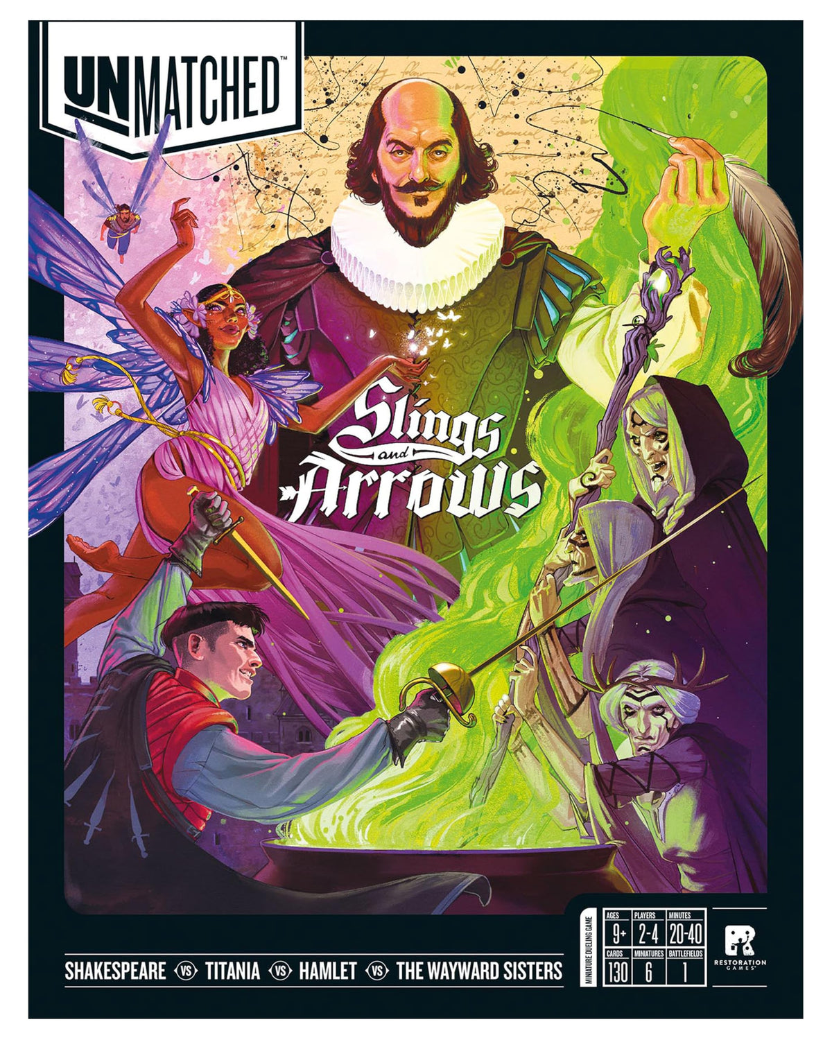 Restoration Games Unmatched Slings and Arrows — Shakespeare Heroes Expansion with Globe Theatre Battlefield | 2–4 Players