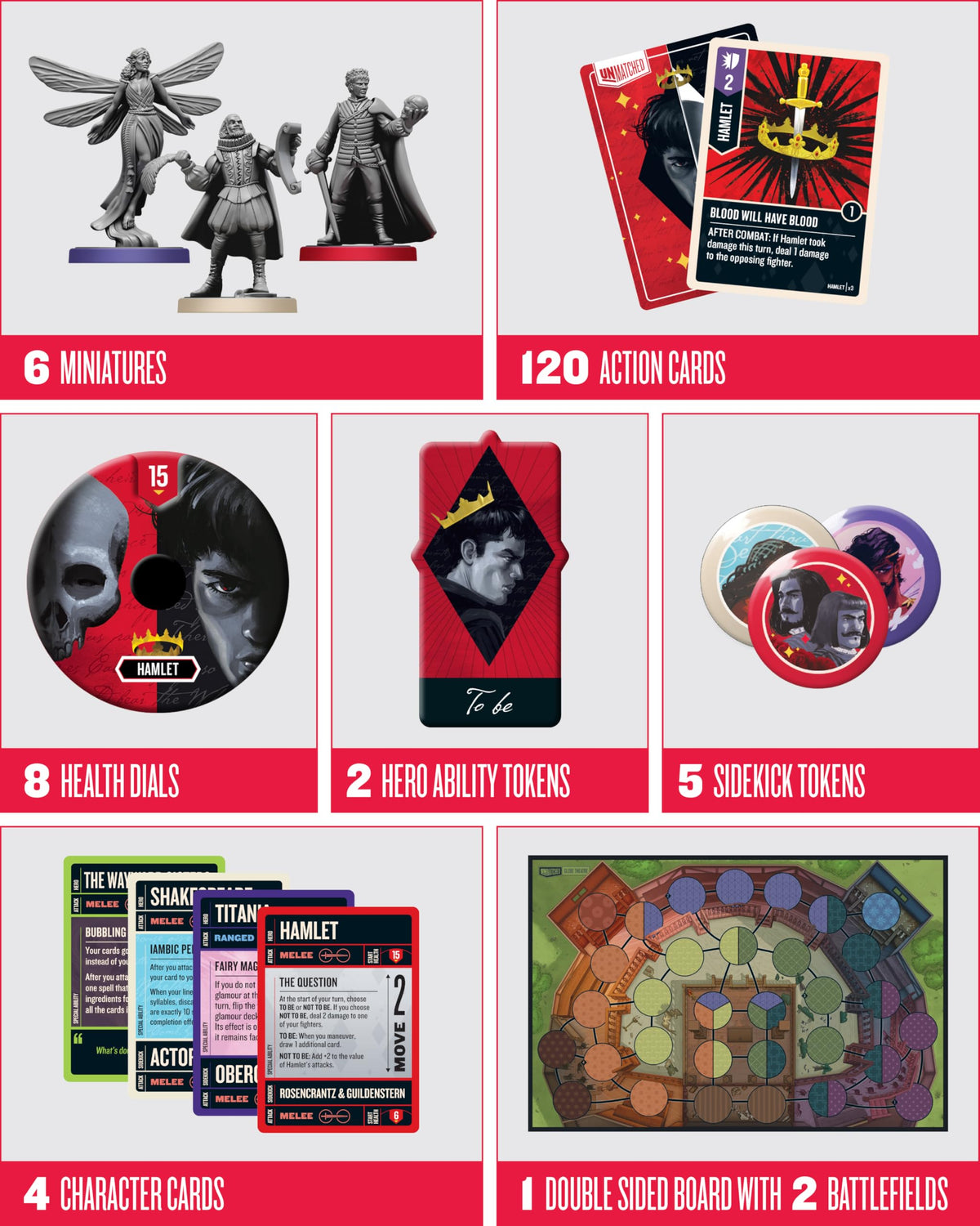 Restoration Games Unmatched Slings and Arrows — Shakespeare Heroes Expansion with Globe Theatre Battlefield | 2–4 Players