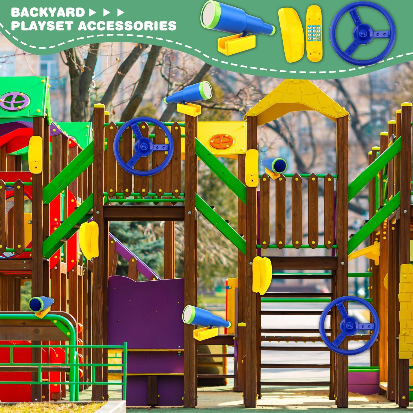 Restroma Playground Accessories Swingset 3-Pack: Steering Wheel, Telescope & Telephone Toy for Outdoor Play