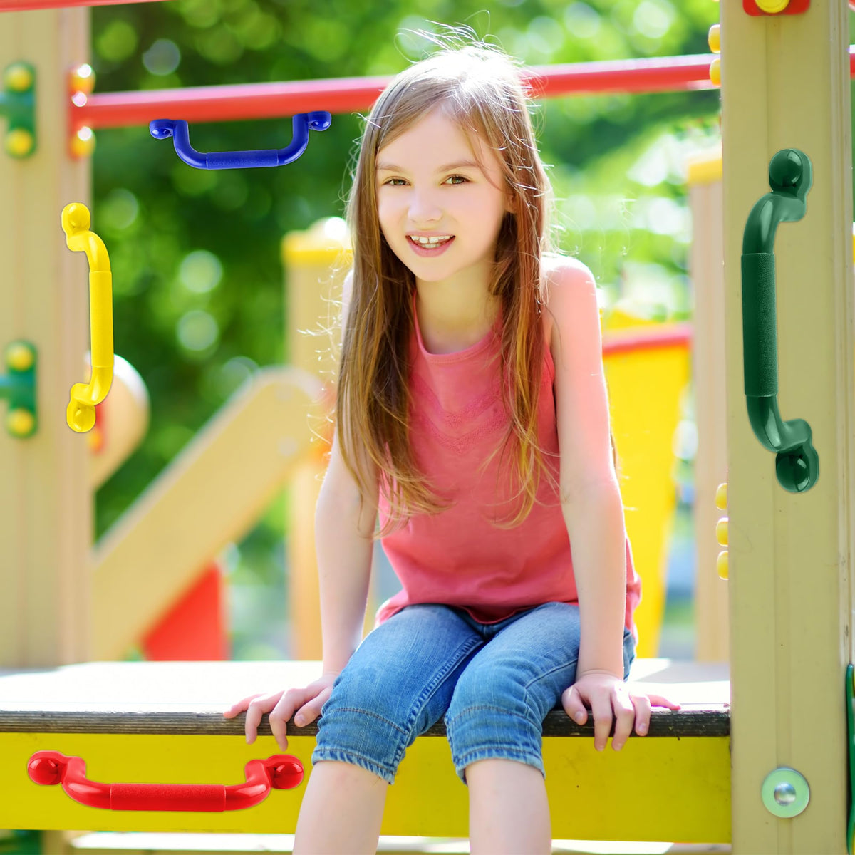 Restroma 8 Pieces Playground Safety Handles for Kids – Safe Grip for Playsets, Swing Sets, Treehouses (Green Blue Yellow Red)