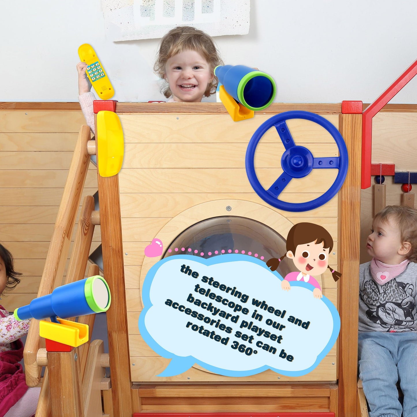 Restroma Playground Accessories Swingset 3-Pack: Steering Wheel, Telescope & Telephone Toy for Outdoor Play