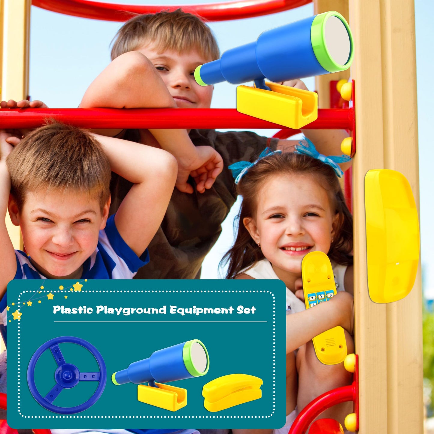 Restroma Playground Accessories Swingset 3-Pack: Steering Wheel, Telescope & Telephone Toy for Outdoor Play