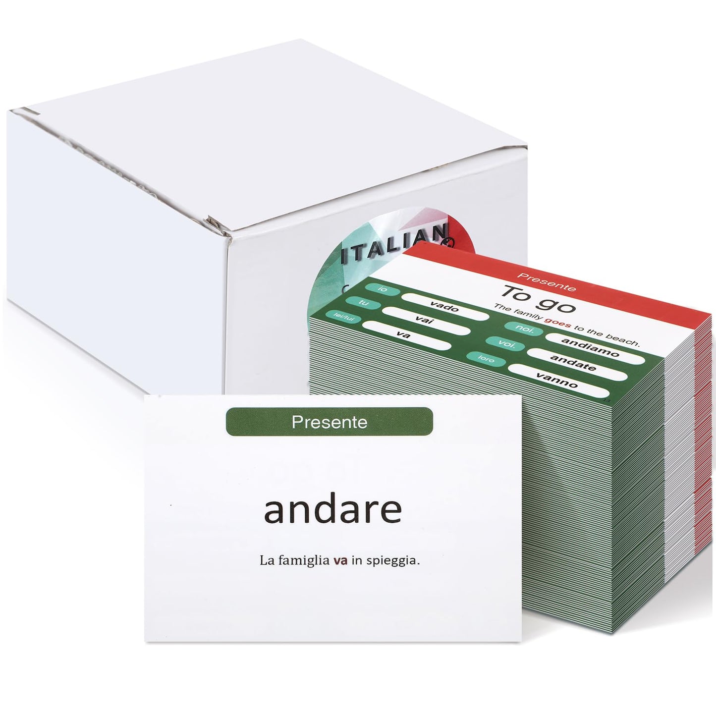 Resurhang 200 Pcs Italian Verb Conjugation Flash Cards – Present Tense (English) for Adults