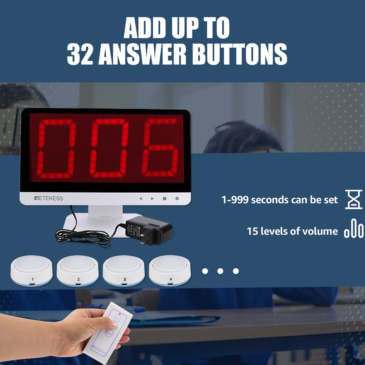 Retekess TM101 Wireless Quiz Buzzer System – 32 Buzzers, 262 ft Range, 15-Level Volume