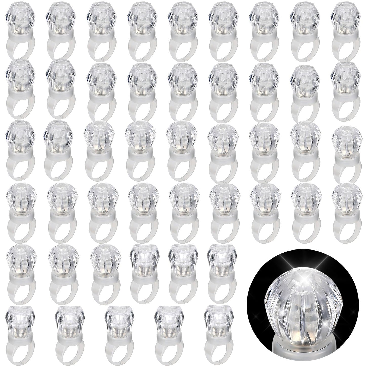 Retisee 50 Pack LED Light Up Rings – Glow in the Dark Party Favors for Bachelorette Parties, Weddings, and Birthdays (Diamond/Heart/Round Shapes)