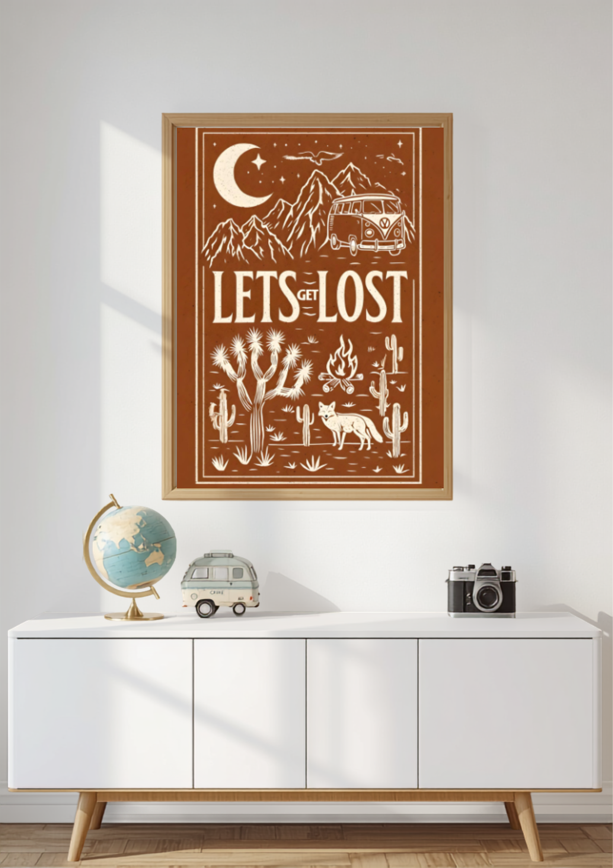 Retro Camper Van Wall Art – Let's Get Lost Desert Adventure Print