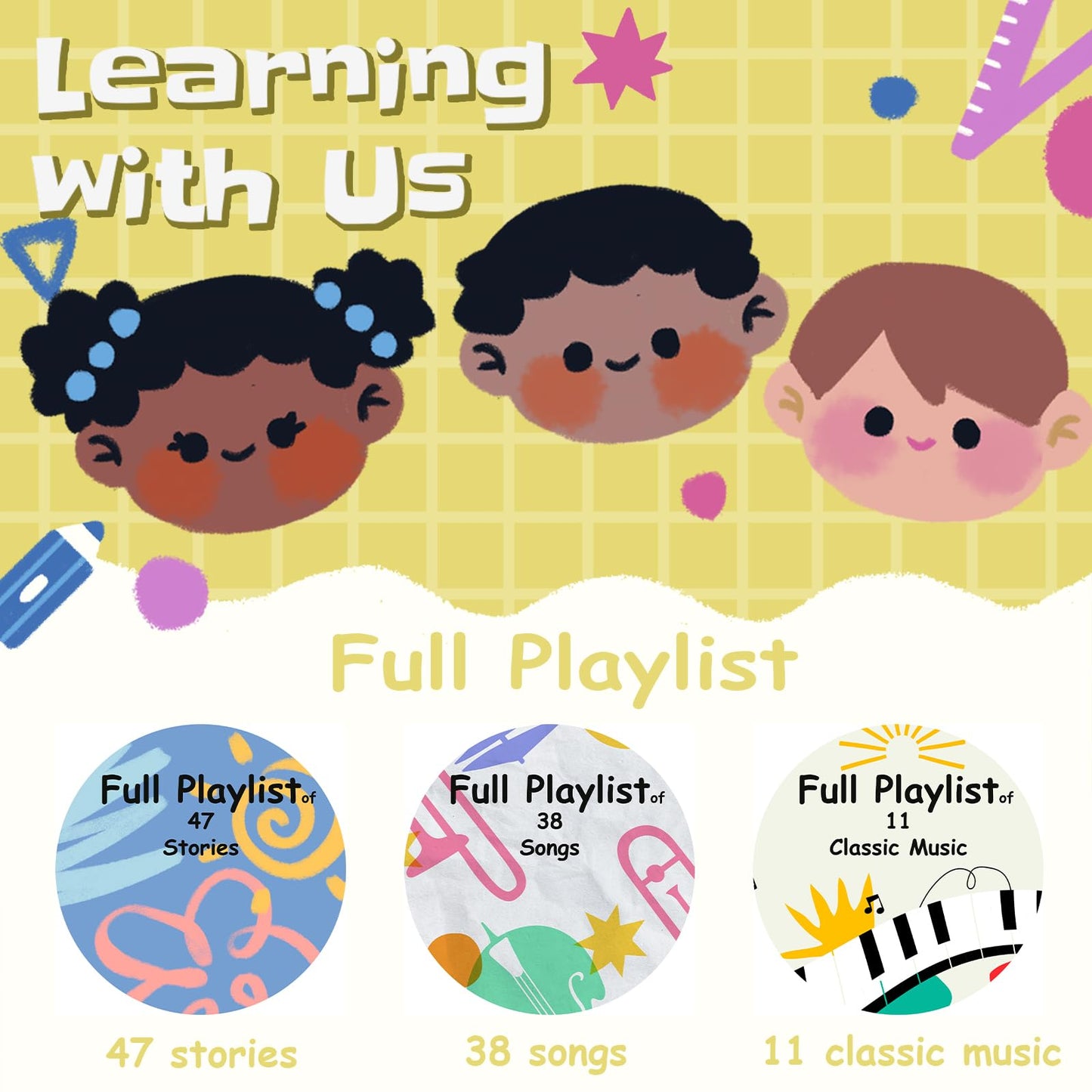 Retysaz Kids Phonograph with 96 Cards – Story and Music Player for Ages 3-6 (Yellow)