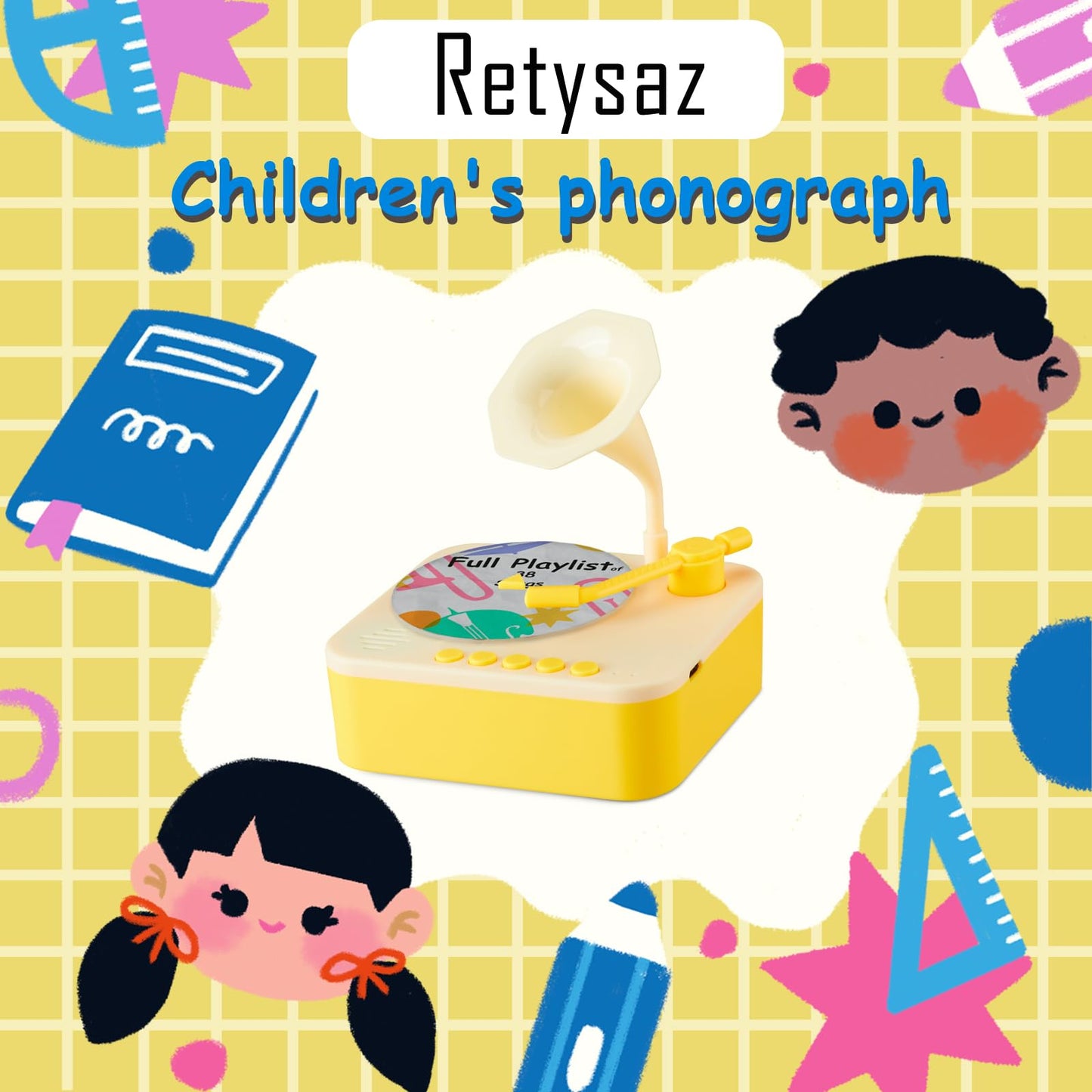 Retysaz Kids Phonograph with 96 Cards – Story and Music Player for Ages 3-6 (Yellow)
