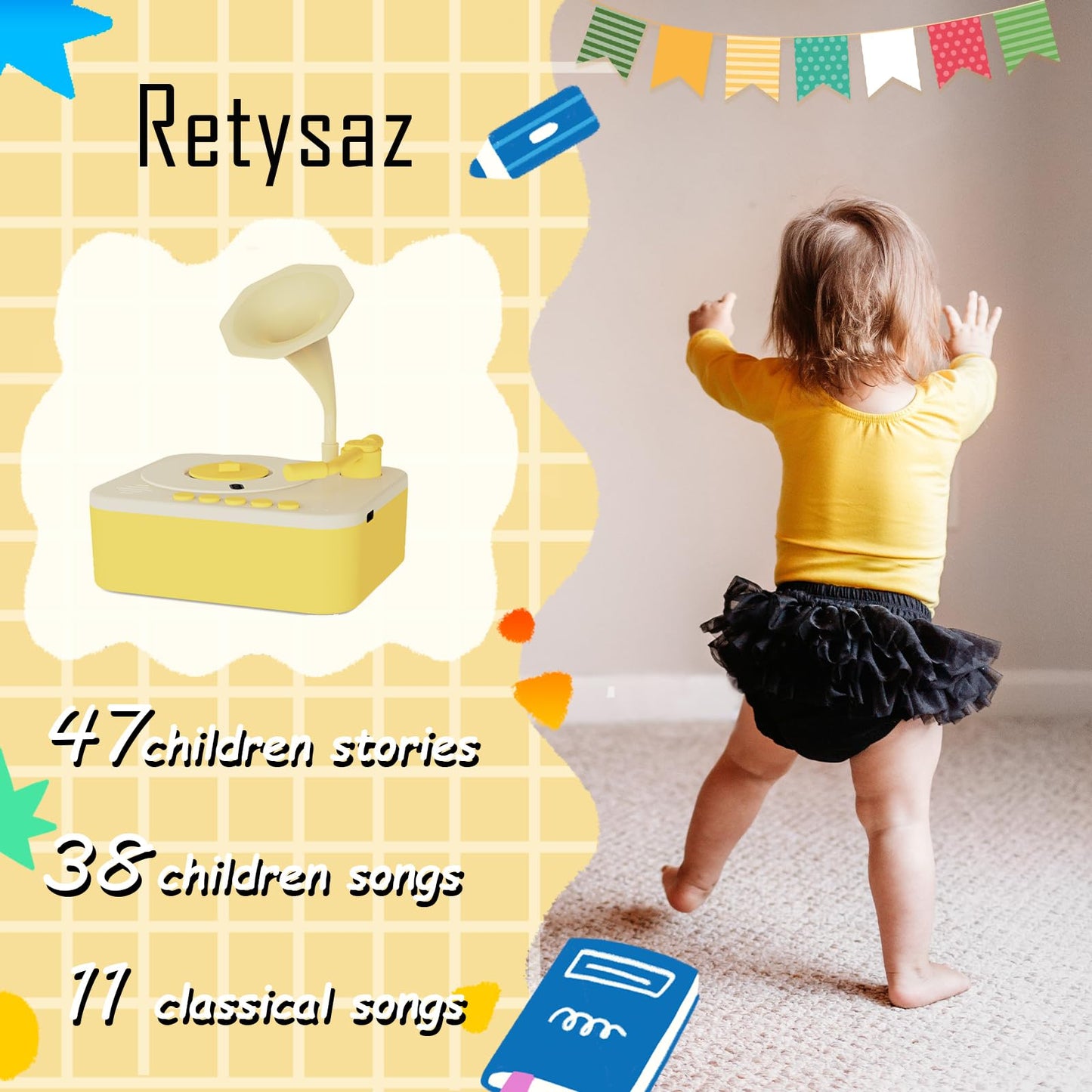 Retysaz Kids Phonograph with 96 Cards – Story and Music Player for Ages 3-6 (Yellow)
