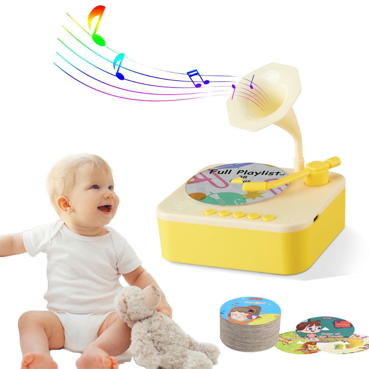 Retysaz Kids Phonograph with 96 Cards – Story and Music Player for Ages 3-6 (Yellow)