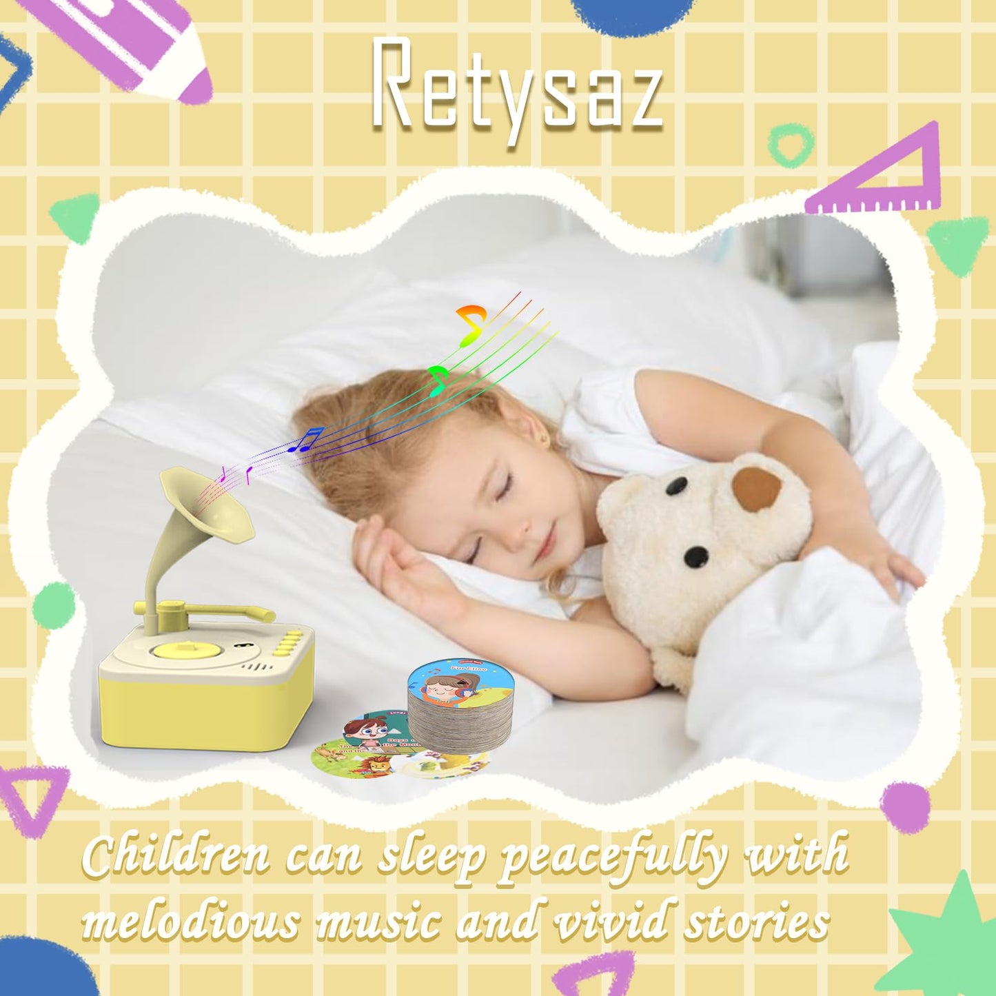 Retysaz Kids Phonograph with 96 Cards – Story and Music Player for Ages 3-6 (Yellow)